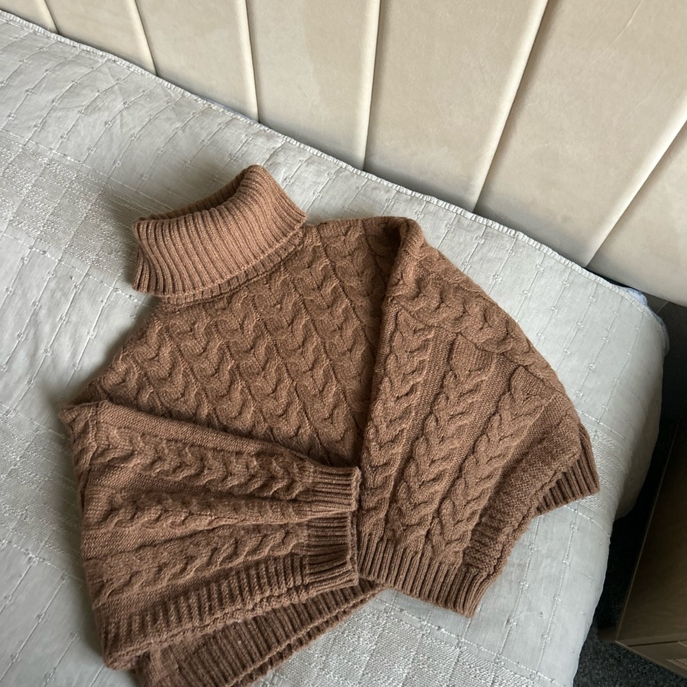 Mango Cable Knit Turtleneck Sweater - Tan